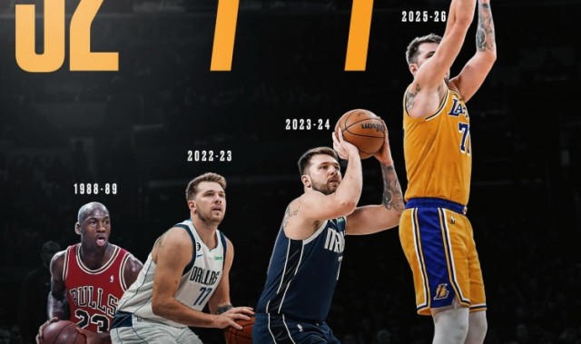 v体育-历史至今仅东契奇&amp;乔丹做到过赛季场均32+7+7 其中东契奇3次达成